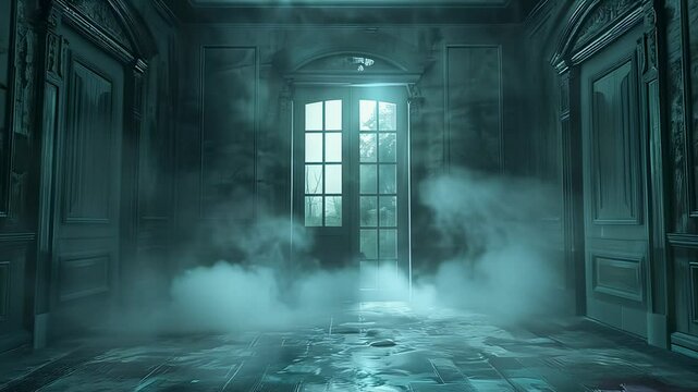 Eerie view of a haunted room with fog and a glowing door