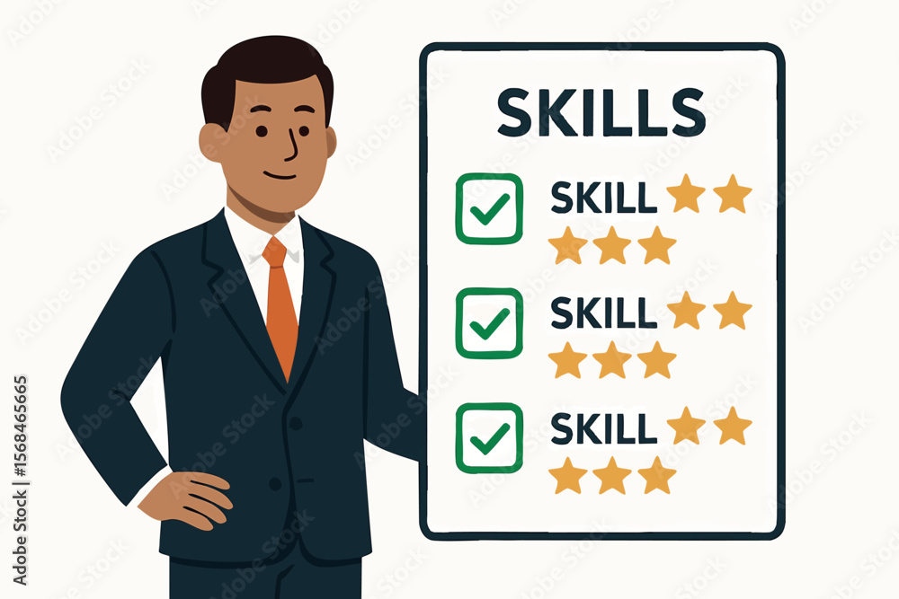Poster flat vector character with checklist of skills and stars beside each one, qualified profile, isolate
