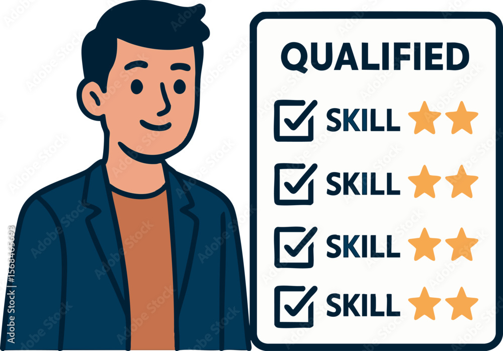 Poster flat vector character with checklist of skills and stars beside each one, qualified profile, isolate