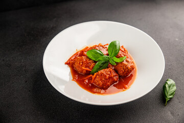 Meatballs tomato sauce beef, pork or chicken meat fresh delicious gourmet food background on the table rustic food top view copy space keto and paleo diet