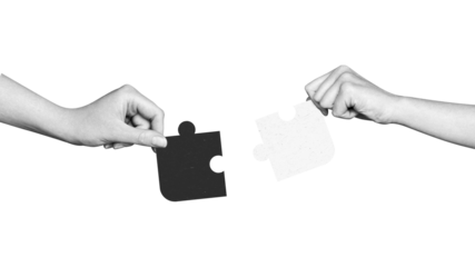 Modern collage two hands connect puzzle pieces. Teamwork concept, business idea, brainstorming. Creative solution. Merger of organizations. Partnership.