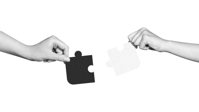 Modern collage two hands connect puzzle pieces. Teamwork concept, business idea, brainstorming. Creative solution. Merger of organizations. Partnership. - Powered by Adobe