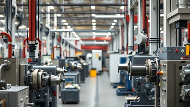 Industrial factory scene featuring machinery with a clean composition and soft lighting.