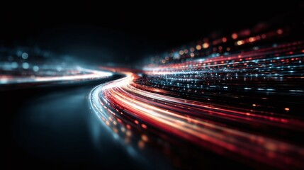 Abstract speed lines: Vibrant red and blue light trails streak across a dark background, conveying a sense of rapid movement and technological advancement.