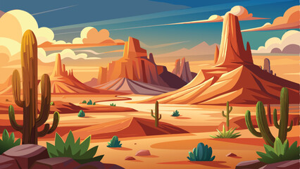 Cartoon Desert Landscape Cacti, Buttes, and Blue Sky with Clouds Illustration