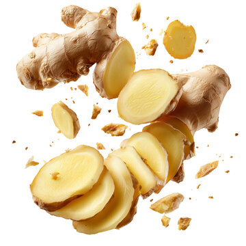 Fresh Ginger Root with Slices and Flying Crumbs isolated on transparent or white background	
