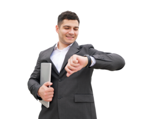 Professional man checking his watch while holding a laptop, showcasing a moment of punctuality in a corporate setting isolated transparent background
