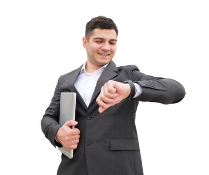 Professional man checking his watch while holding a laptop, showcasing a moment of punctuality in a corporate setting isolated transparent background - Powered by Adobe