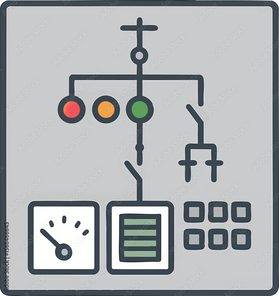 Poster flat vector control panel with single-line diagram and indicators, flat technical interface, isolate
