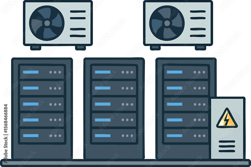 Poster flat vector data center with server racks and cooling units, digital infrastructure, isolated on whi