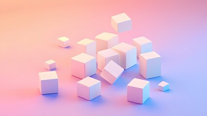 Obraz premium Abstract background with geometric shapes white cubes on gradient pink and blue surface