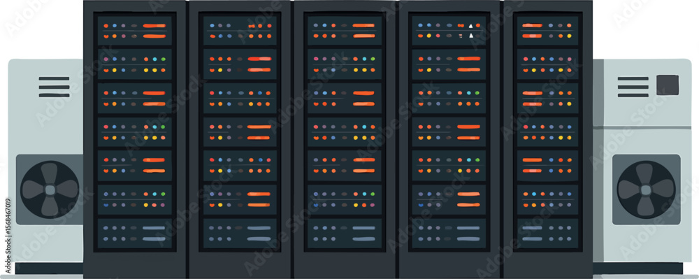 Poster flat vector data center with server racks and cooling units, digital infrastructure, isolated on whi