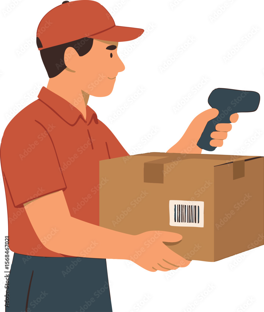 Poster flat vector delivery worker carrying package and scanning barcode with device, isolated on white