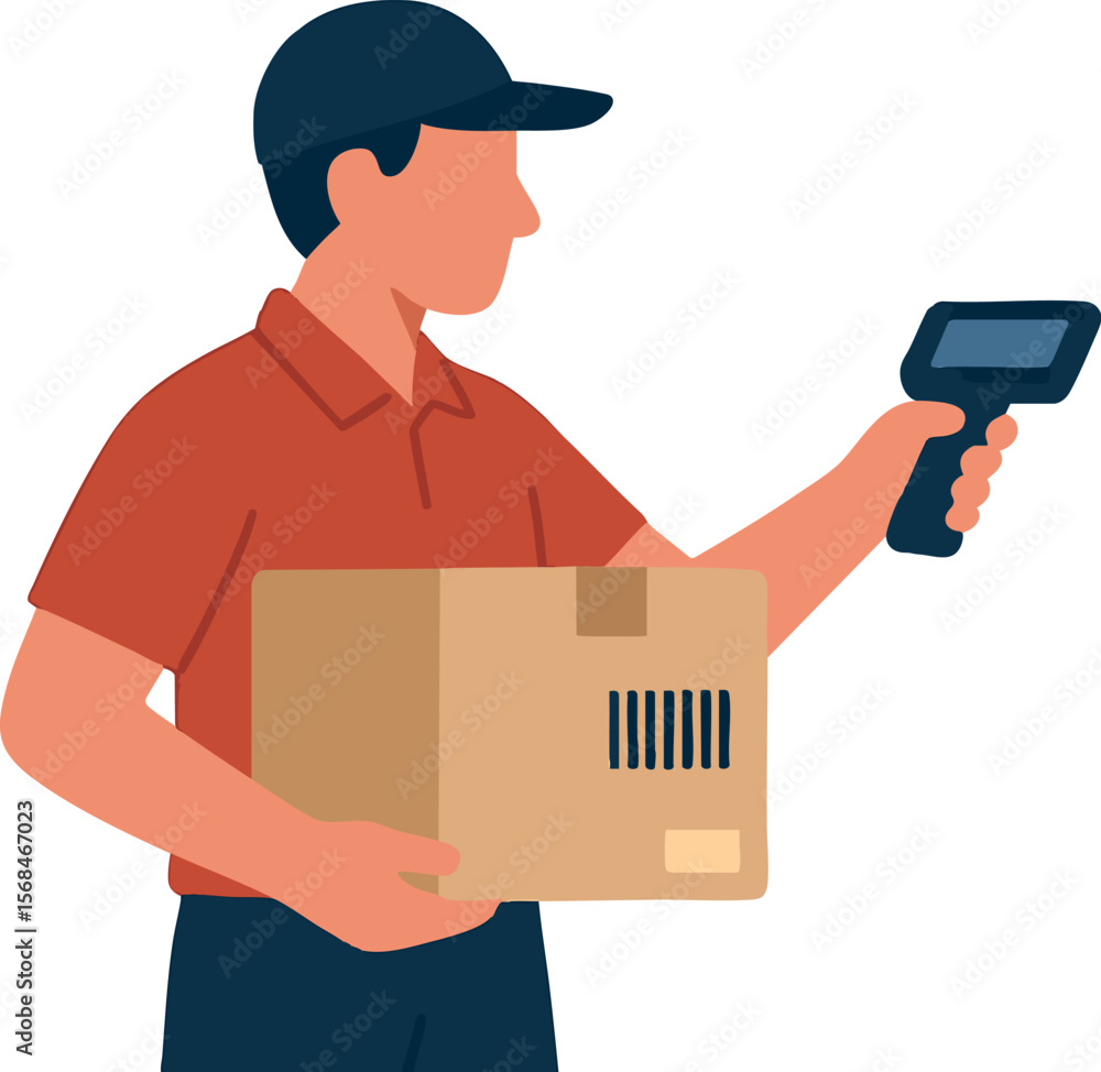 Poster flat vector delivery worker carrying package and scanning barcode with device, isolated on white