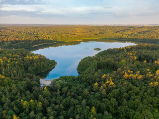 Aerial panoramic view of a clear-water lake at sunrise, surrounded by forest. Treetops are...