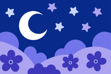 Starry Night Sky Above Quiet Floral Valley With Full Moon