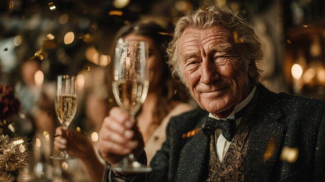 Elderly man toasting with champagne glass at New Year celebration  