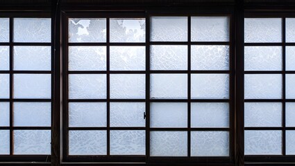 Frosted glass window panes with wooden frame for privacy and natural light indoors