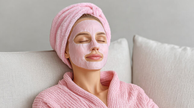 Woman relaxing on couch while applying a sheet mask for skincare treatment.