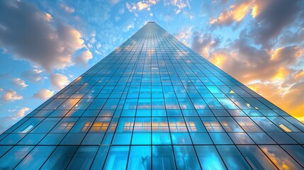 Tall glass skyscraper rising into a dramatic sunset sky with clouds