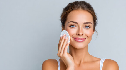Woman cleansing her face gently with a cotton pad in a serene setting.