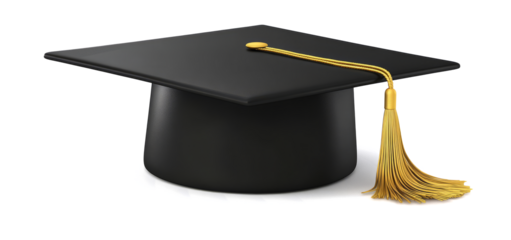 black graduation cap with a golden tassel on a transparent background. 