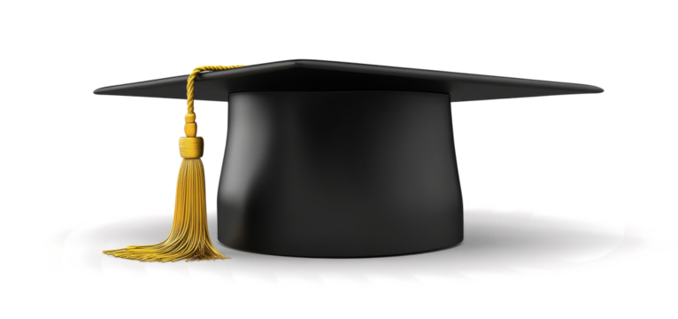 black graduation cap with a golden tassel on a transparent background.