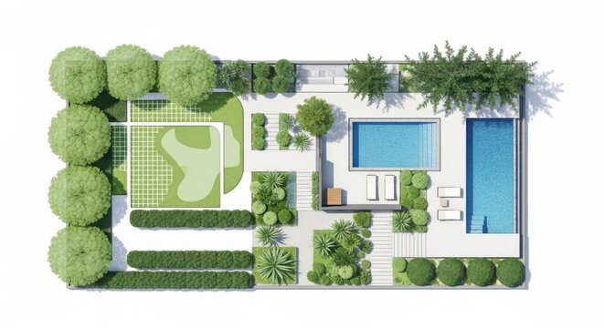 Overhead view shows a modern landscape design with pool and putting green