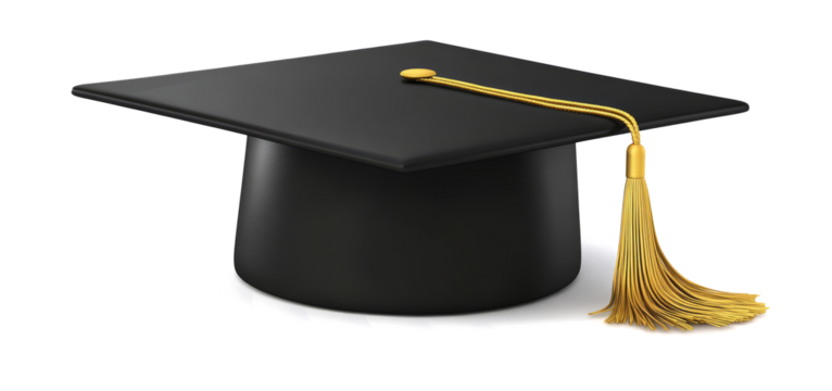 black graduation cap with a golden tassel on a transparent background.