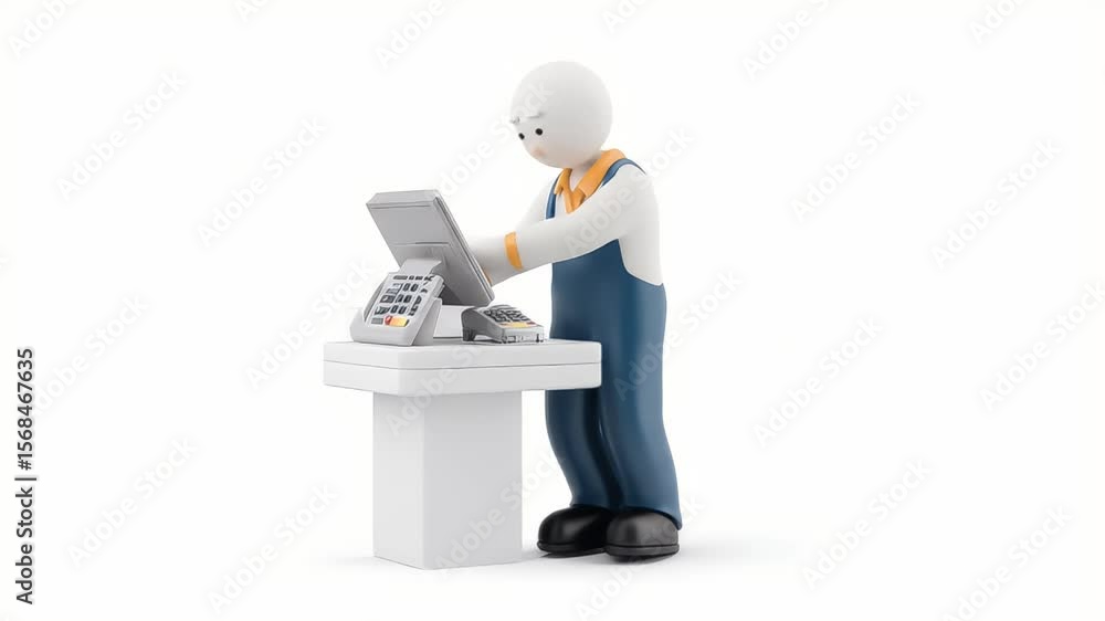 Poster 3d animated worker at pos terminal: retail transaction, payment processing, service interaction