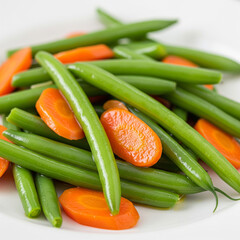 Colorful close-up of cooked green beans and carrots in olive oil dressing &mdash; simple vegan side dish with natural lighting copy