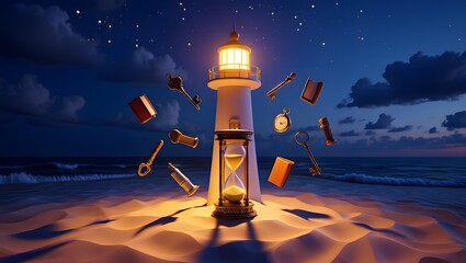Lighthouse illustration with hourglass and keys on beach at night time concept art