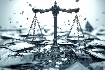 Broken scales of justice scattered state laws legal inconsistency visualization fragmented justice symbolism digital art