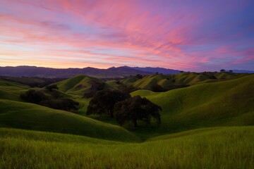 Fototapeta premium Landscape photography of rolling green hills at sunset with pink and purple sky view