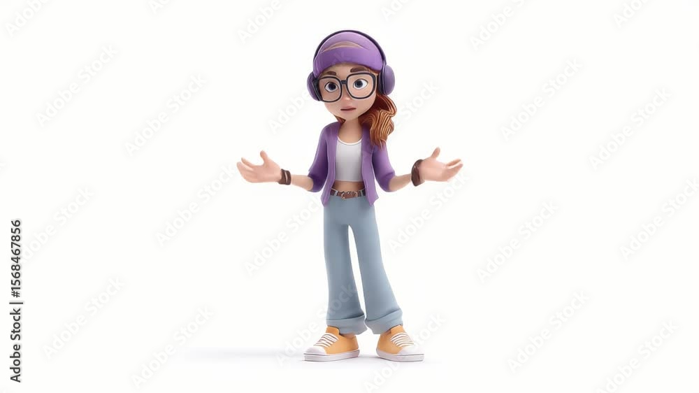 Poster animated 3d character expressing uncertainty, posing, and gesturing on white background