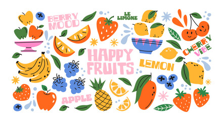 Fruits in retro cartoon style. Banana, orange, lemon, strawberry, colorful juicy elements, tropical vibe, 90s freshness aesthetic, illustration in retro cartoon style, trendy stickers