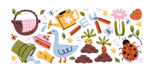 Village garden stickers in retro cartoon style. Rural set: pear trees, blossoms, sliced fruit, branches, seeds. Peaceful countryside illustration in stylized doodle aesthetic.