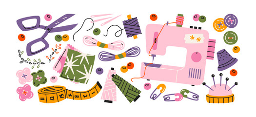Sewing accessories stickers in retro cartoon style. Tools: sewing machine, scissors, pins. Illustration in funky, doodle style, trendy shapes set	