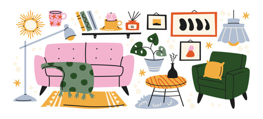 Fototapeta premium Cozy interior decor in retro cartoon style. Cartoon furniture: sofa, armchair, coffee table, lamp. Living room design with home accessories and hygge mood. Illustration in doodle style, trendy style