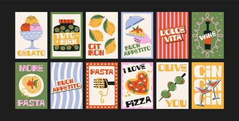 Abstract Italian summer posters in 90s style. Bright compositions: pizza, lemons, cocktails, seafood in cartoon trendy retro style. Decor for kitchens, cafes and restaurants. Minimalist wall banners