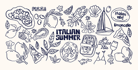 Italian summer stickers in retro cartoon style. Vacation symbols: pizza, wine, lemon, sea. La Dolce Vita concept with summer food and beach leisure. Illustration in hand-drawn linear doodle style. © Limpreom