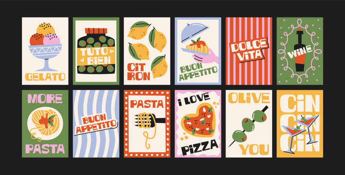 Abstract Italian summer posters in 90s style. Bright compositions: pizza, lemons, cocktails, seafood in cartoon trendy retro style. Decor for kitchens, cafes and restaurants. Minimalist wall banners