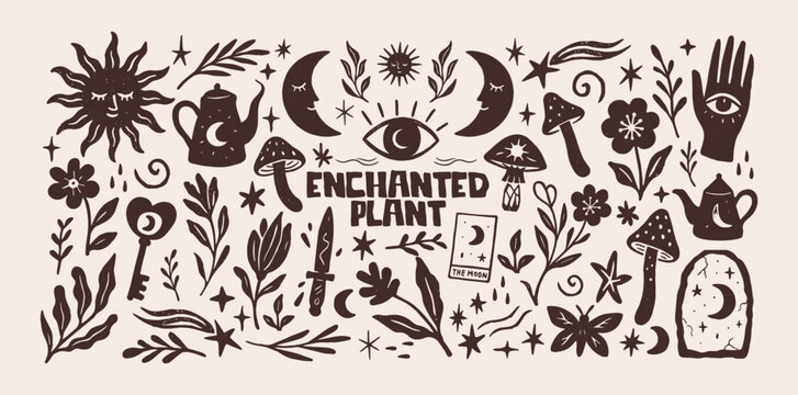 Mystical enchanted plant shapes in retro cartoon style. Folk witchy elements: eyes, hands, flowers, stars, moons, herbs, mushrooms and tarot symbols. Illustration in linear style, trendy stickers