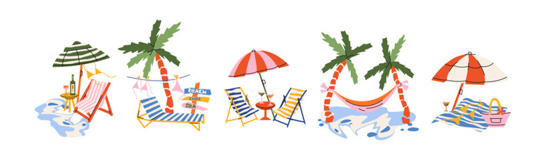 Beach club compositions in retro cartoon style. Summer set: loungers, umbrellas, cocktails, signs, palm trees. Playful seaside lifestyle illustration in funky, doodle aesthetic.