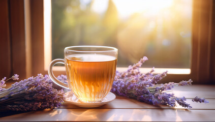 Relaxing herbal tea with fresh lavender bouquet creates a cozy atmosphere by the window on a bright day