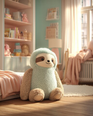 Plush sloth toy in cozy pastel children’s room with daylight