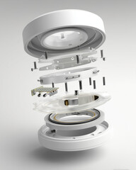 Exploded 3D view of LED puck light with internal components