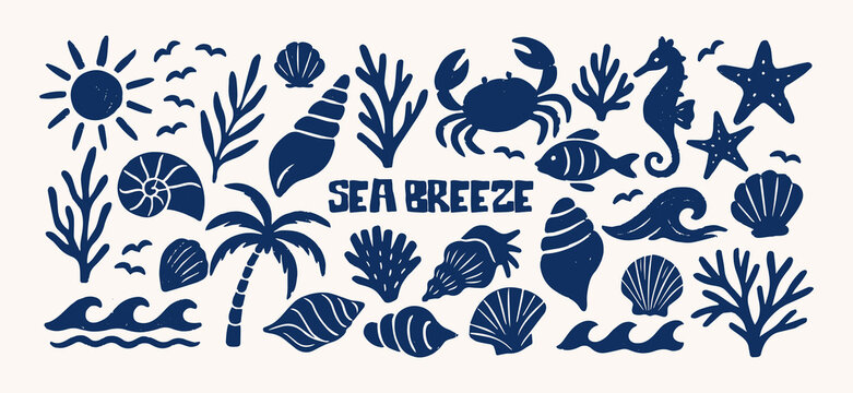 Sea breeze shapes. Marine elements: seashells, seaweed, crab, fish, seahorse, palm tree, waves and starfish. Illustration in funky, doodle style, trendy nautical sticker set in retro cartoon style