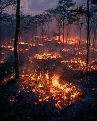 burning forest endangered species in contrast biodiversity and habitat loss environmental documentary photography dramatic light 35mm prime lens