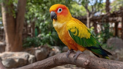 A vibrant, tropical bird with colorful plumage perched on a branch in a lush green outdoor setting, showcasing its striking beauty and playful nature.